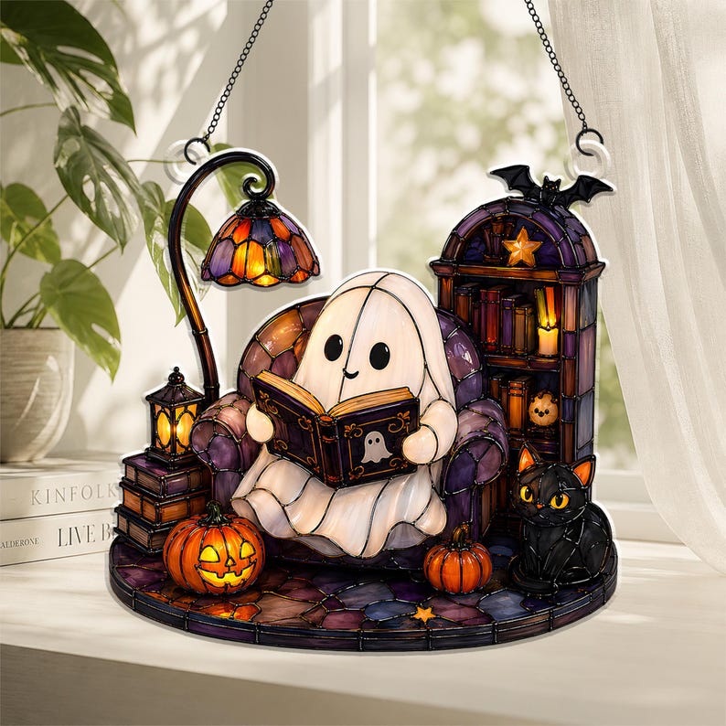 il_794xN.8267687527_cs8m.jpg Ghost Reading Acrylic Ornament - Image 1